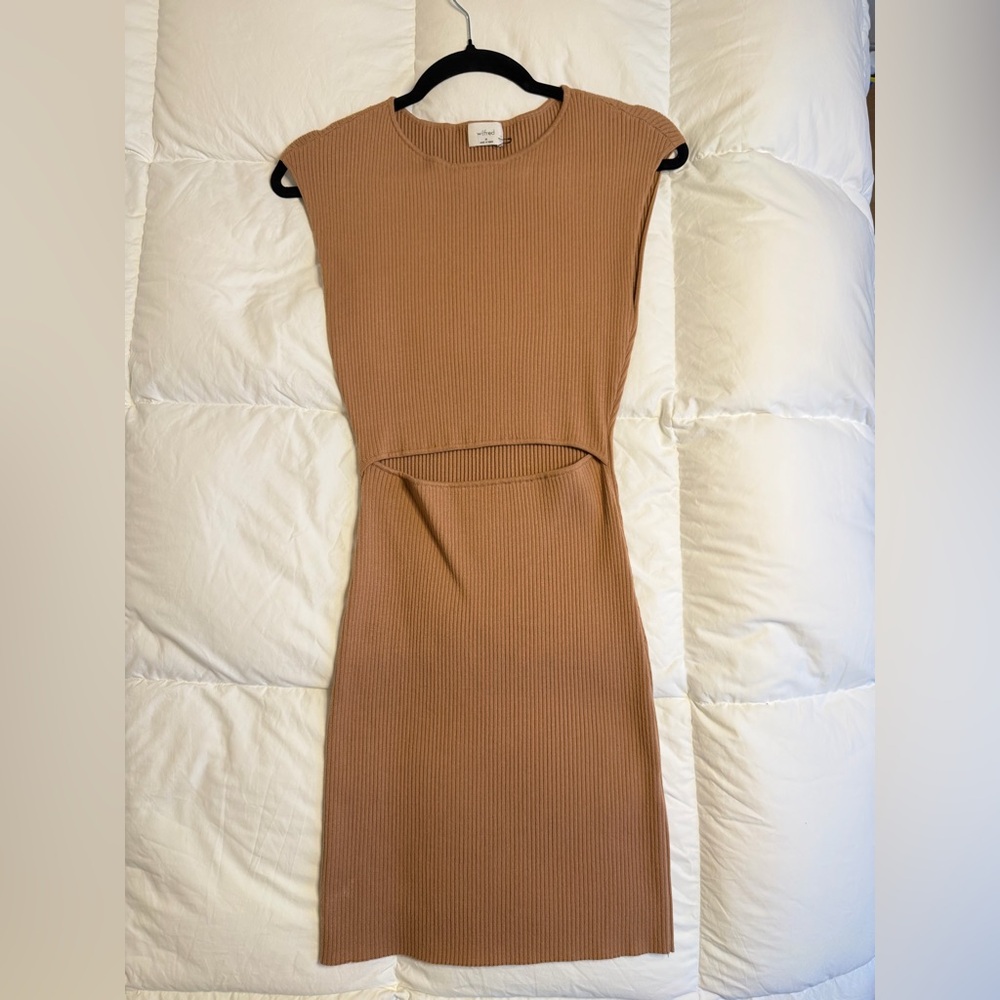 Wilfred Ribbed Knit Cutout Midi Dress Sleeveless Bodycon Neutral Brown Tan